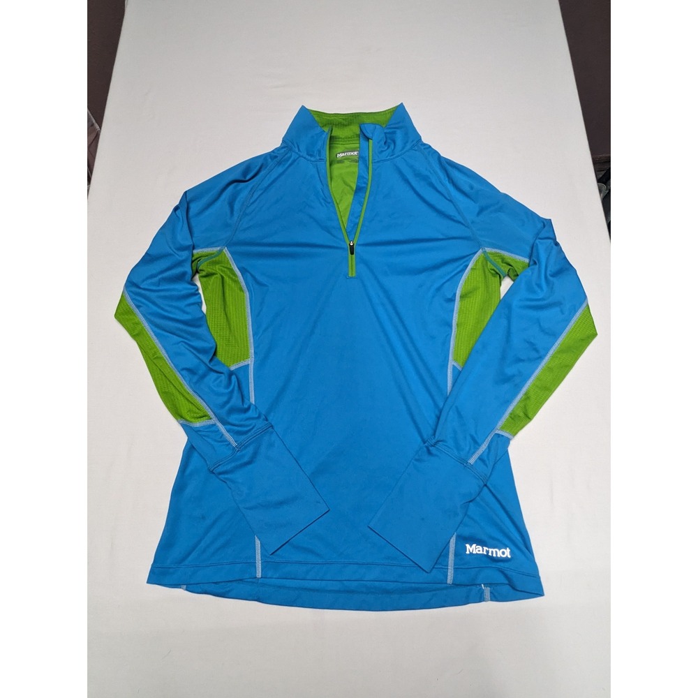 Marmot Womens Blue Lime Green Quarter Zip Athletic Pullover Shirt Size M
